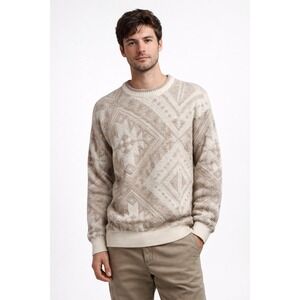 Pringle of Scotland Mens Alpaca Wool Sweater Geometric Knit Crewneck Cream Taupe